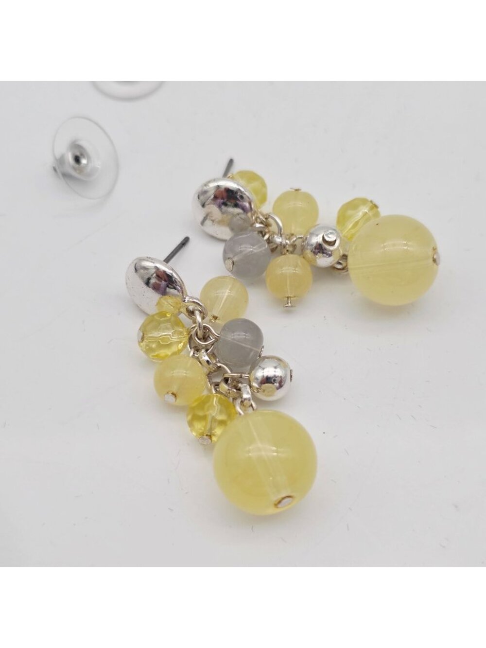 Yellow & Silver Beaded Dangle Earrings Post Back Design Lightweight